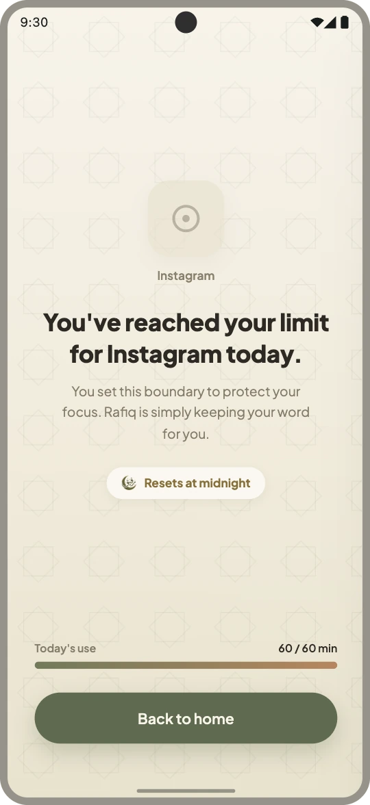 Rafiq holding a daily app limit after its chosen minutes have been used.