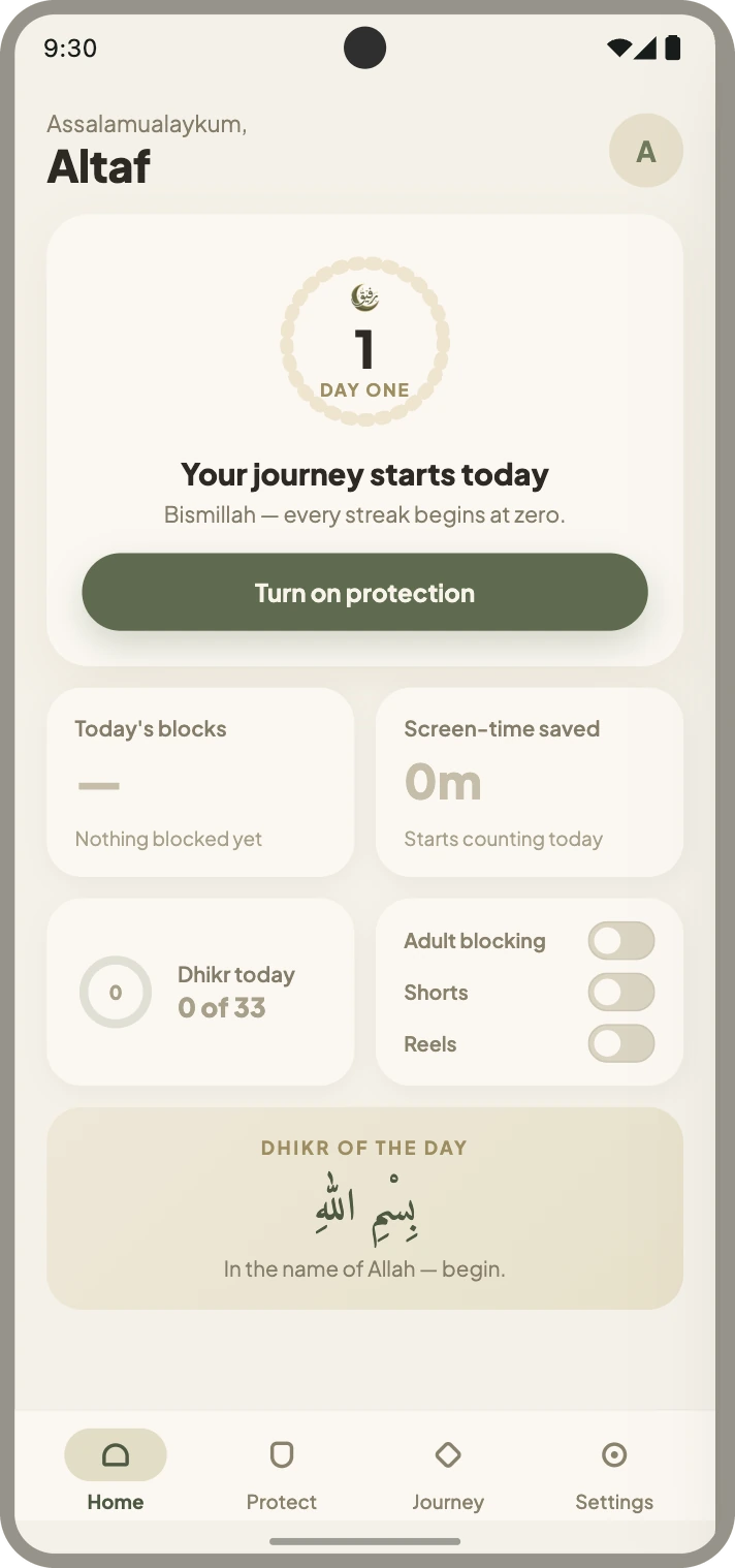The Rafiq home screen showing protection controls, today's blocks, time saved, and the dhikr of the day.
